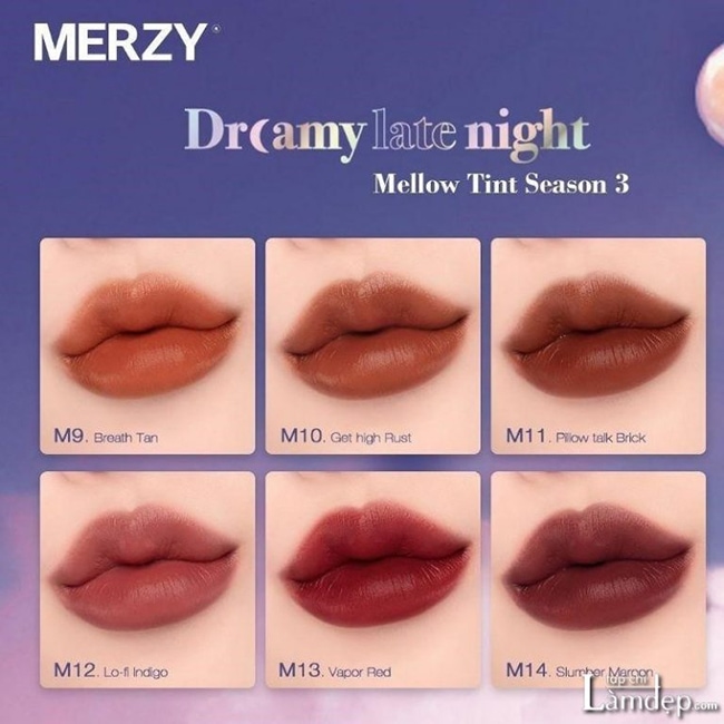 Bảng 6 màu son vô cùng độc đáo của Merzy Mellow Tint Season 3 - Dreamy Late Night